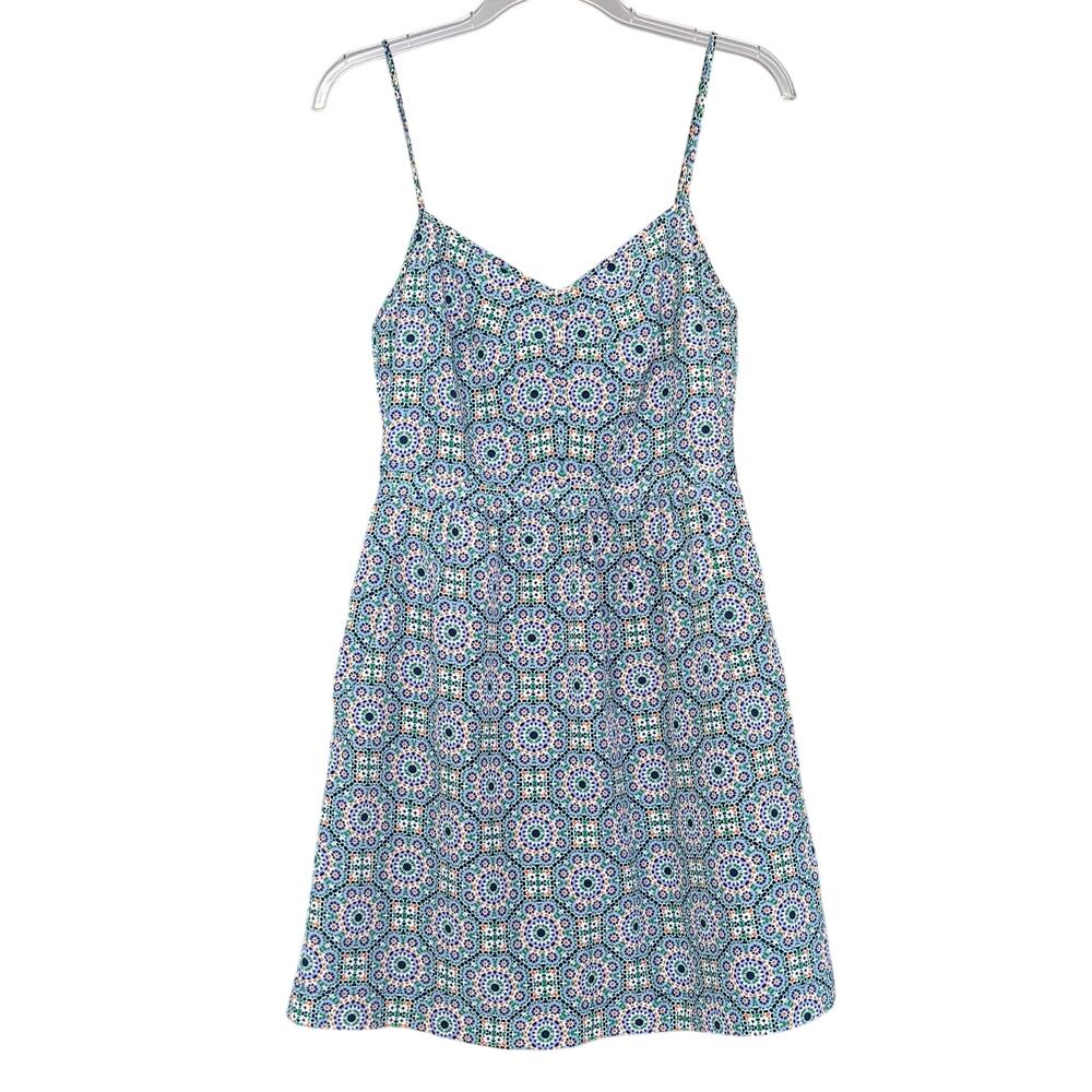 J.Crew Moroccan Tile Print Spaghetti Strap Mini Dress Lined Size 4 Blue Green
